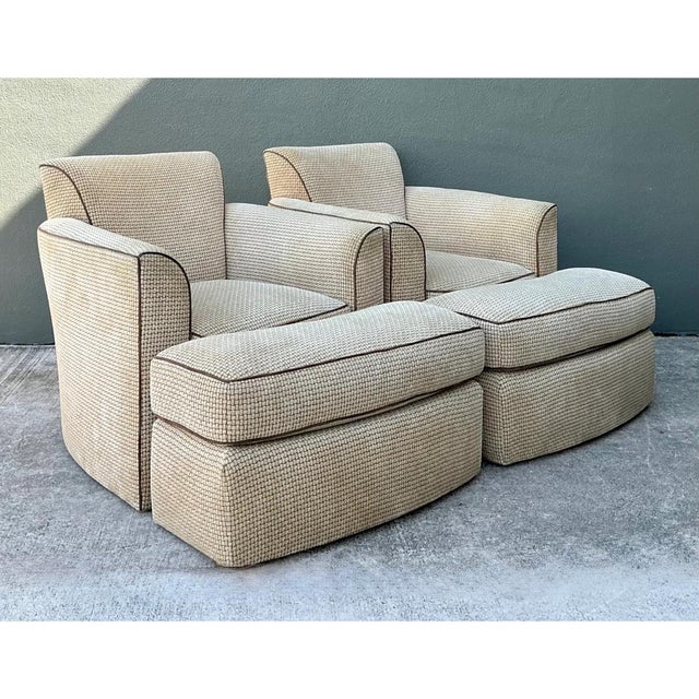 This pair of vintage Donghia swivel lounge chairs with matching ottomans exemplifies the brand's celebrated commitment to...