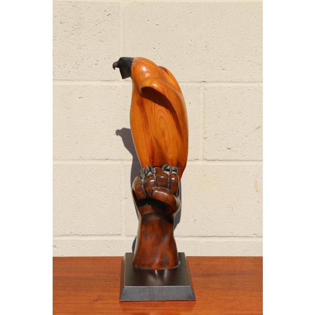 1970s Vintage Sarreid Ltd. Hooded Falcon on Fist Sculpture | Hand-Carved Wood & Brass | Made in Spain, Circa 1970s For Sale - Image 5 of 16