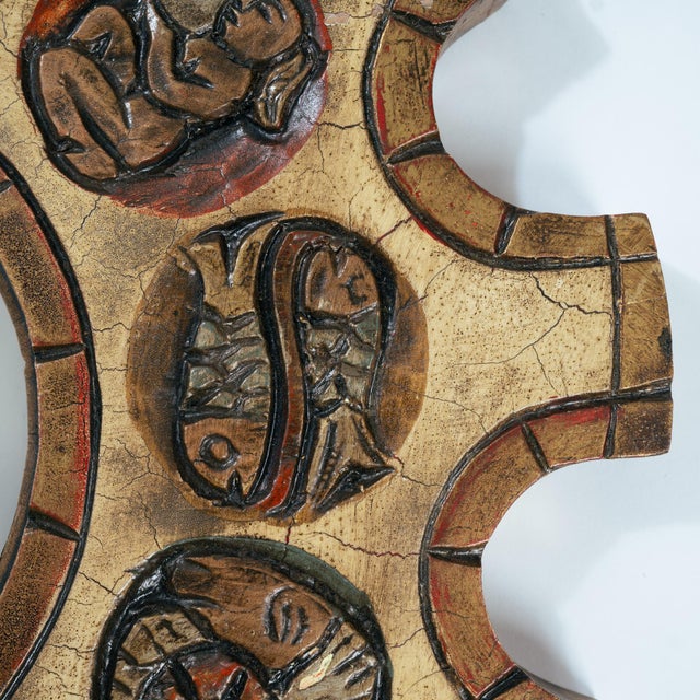 Spanish Zodiac Sunburst Mirror with Red Giltwood Carved Frame, Arnolfini, 1950s For Sale - Image 14 of 15