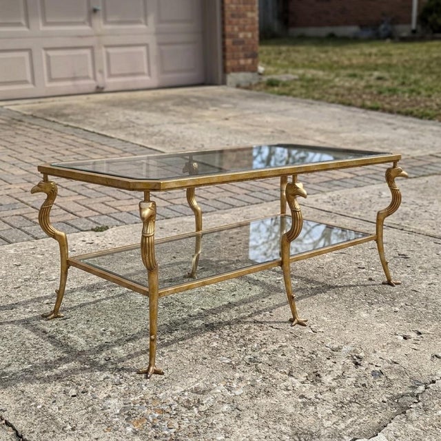 1980s French Maison Jansen Style Gilt Metal & Glass Eagle Form Two Tier Coffee Table For Sale - Image 5 of 7