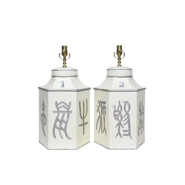 White Late 20th Century Pair of Hand-Painted Hexagonal Tin Tea Canister Table Lamps With Silver Calligraphic Designs (1-2) For Sale - Image 8 of 8