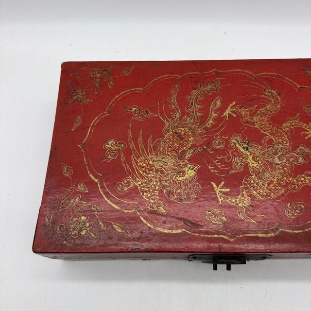 Vintage Chinese Gilt Red Lacquer Leather Document Box with Dragon & Phoenix An authentic early-to-mid 20th-century Chinese...
