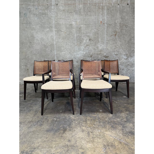 1950s Set of 10 Edward Wormley Walnut and Caned Dining Chairs for Dunbar For Sale In San Francisco - Image 6 of 18