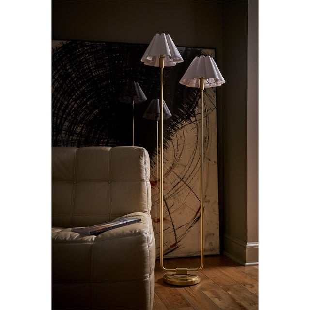 Contemporary Regina Andrew Polly Double Arm FloorLamp, Natural Brass with Linen Scalloped Shade For Sale - Image 3 of 8
