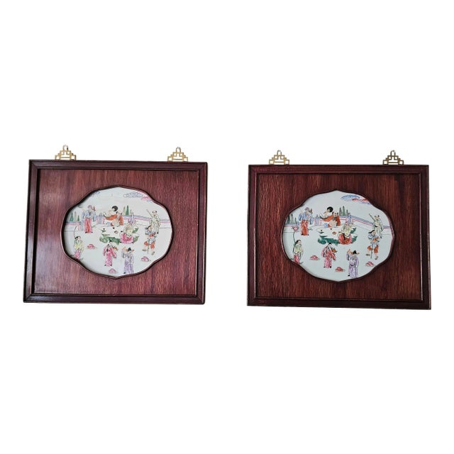 Pair of Chinese 'Famille Rose' Plaques Depicting Immortals in Rosewood Frames For Sale