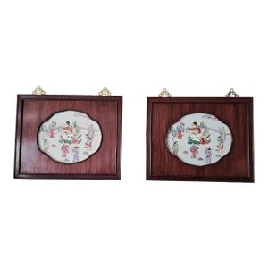 Pair of Chinese 'Famille Rose' Plaques Depicting Immortals in Rosewood Frames