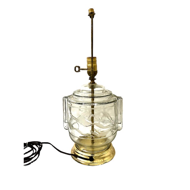 Mid 20th Century Pair of Art Deco-Inspired Clear Glass and Brass Lamps With Shades For Sale - Image 5 of 12