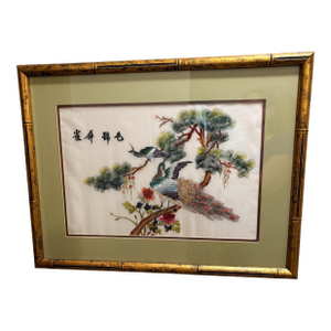 Vintage Chinese Silk Embroidery Peacocks, Framed Chinoiserie Textile Wall Art