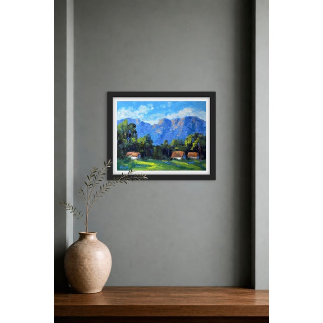 Farmhouse Three Cottages Beneath the Santa Ynez Mountains, Original Oil Painting For Sale - Image 3 of 10
