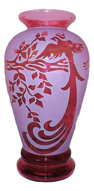 Cranberry Pilgrim Etched Glass Vase W/ Birds of Paradise Signed Ferrari Mid Century Modern 12.5"