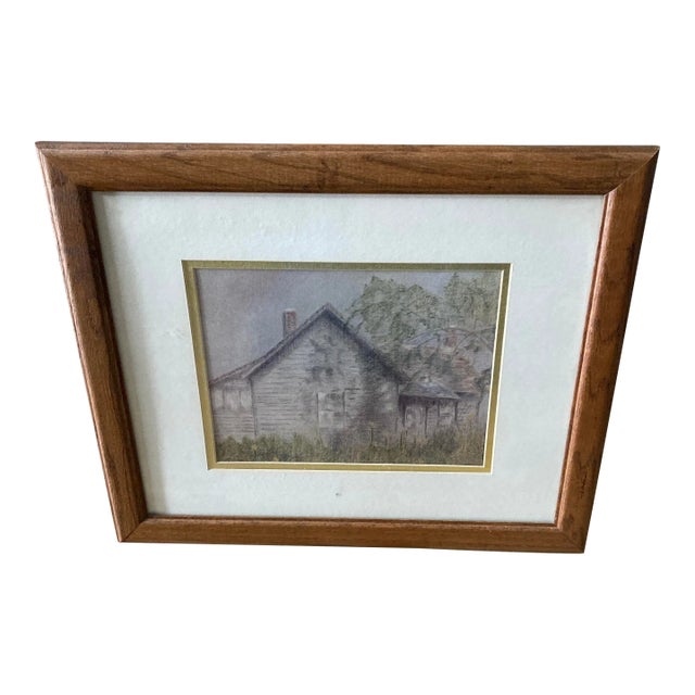 Vintage Framed Cottage Landscape Print in Wood Frame For Sale