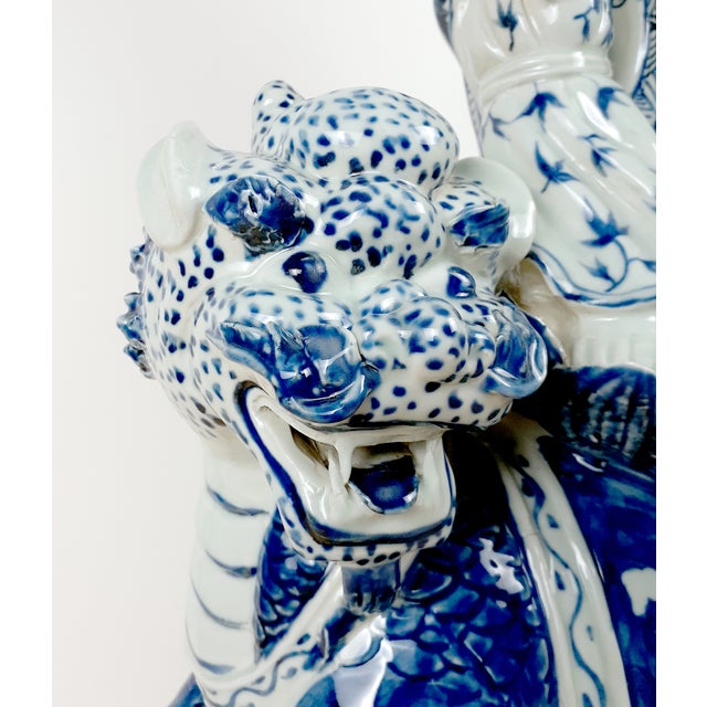 Chinese Blue and White Porcelain Seated Kuan Yin on a Qilin For Sale - Image 11 of 15