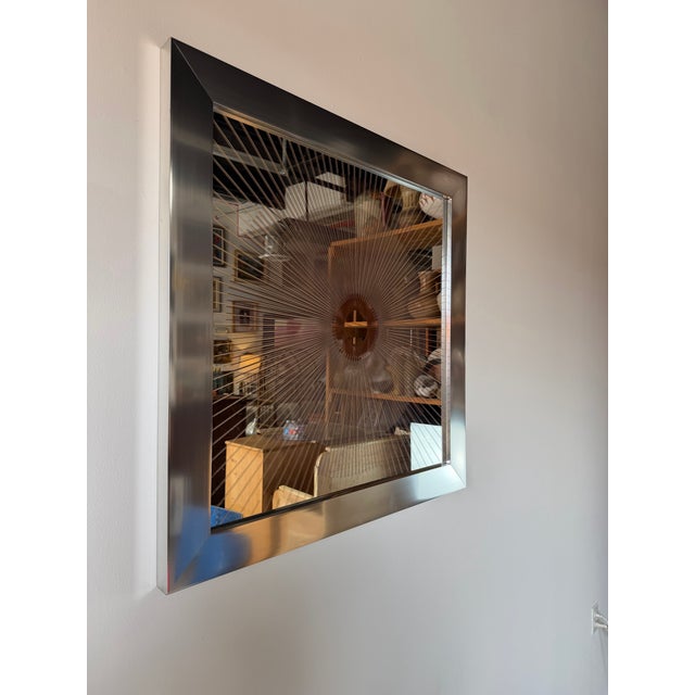 1970s Vintage Op Art Sunburst Glass Wall Art in Chrome Aluminum Frame, Signed For Sale - Image 4 of 12