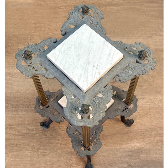 Early 20th Century Antique Victorian 2-Tier Iron Plant Stand W/ Marble Top For Sale - Image 5 of 11