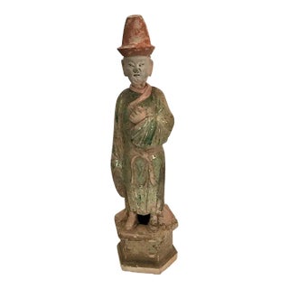 Antique Standing Glazed Pottery Attendant Ming Dynasty For Sale
