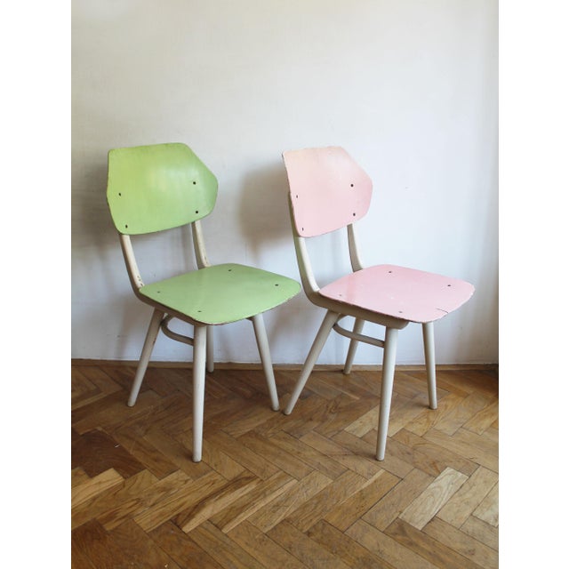 A rare and completely original set of six Mid-Century Modern dining chairs produced by TON in former Czechoslovakia in...
