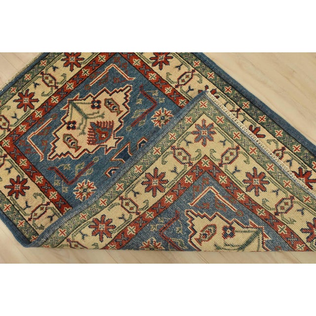 Kazak Rug 2’9” X 3’10” Blue Wool Tribal Hand-Knotted Oriental Carpet For Sale - Image 9 of 10
