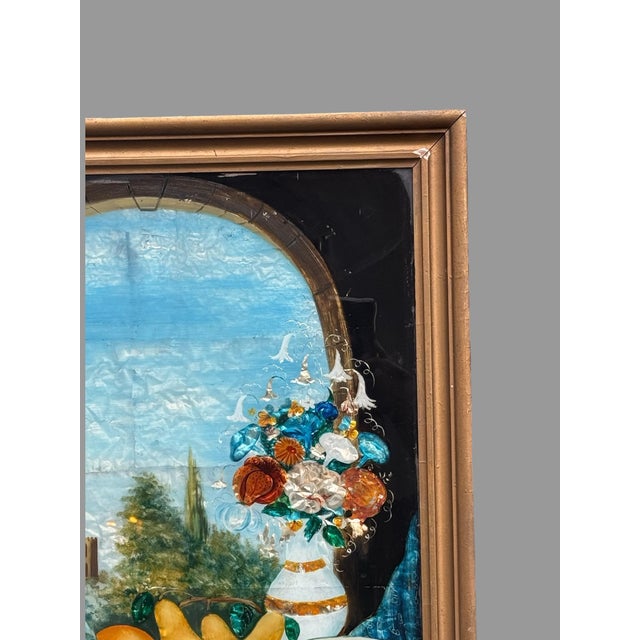 Antique Foil Art Reverse Harvest Feast Still Life Painting Beneath Glass In good original condition showing some typical...