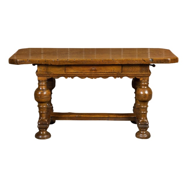 Danish Langeland Late 19th Century Oak Table With Carved Apron and Turned Legs For Sale