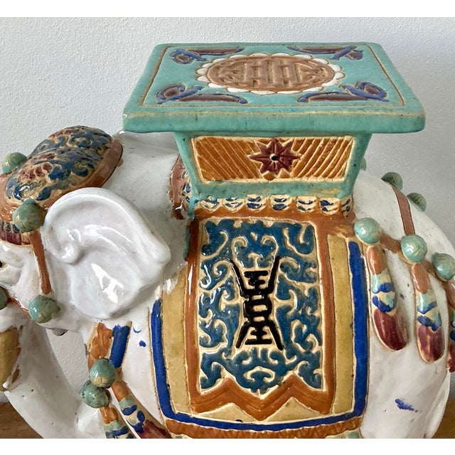 Vintage Boho Glazed Ceramic Low Elephant Stool For Sale - Image 11 of 12