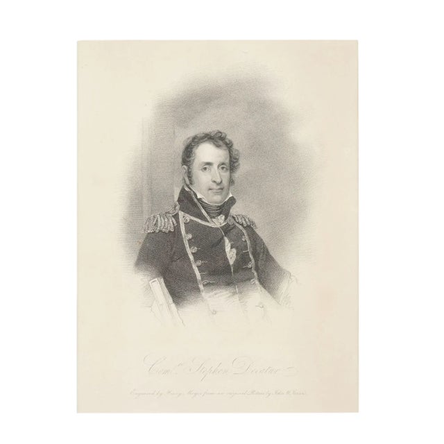 Copperplate engraving printed on paper, after the portrait by John Jarvis of Commodore Stephen Decatur. Framed in a...