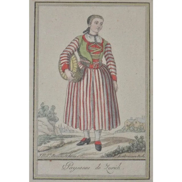 1797 Swiss Costume Hand-Colored Engraving: "Paysanne de Zurich" Enhance your collection or decor with this genuine late...