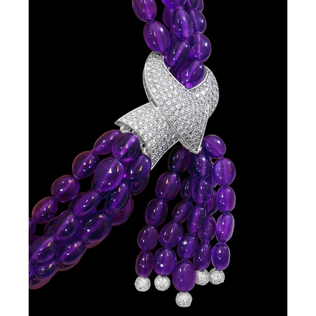 The School of Paris 700 Ct Natural Amethyst Multi Layer Bead Necklace in Platinum with 9 Ct Diamonds For Sale - Image 3 of 18