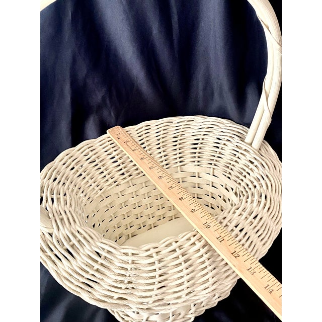 Hand Woven Vintage Uniquely Shaped Basket With Wood Bottom and Handle. For Sale - Image 4 of 14