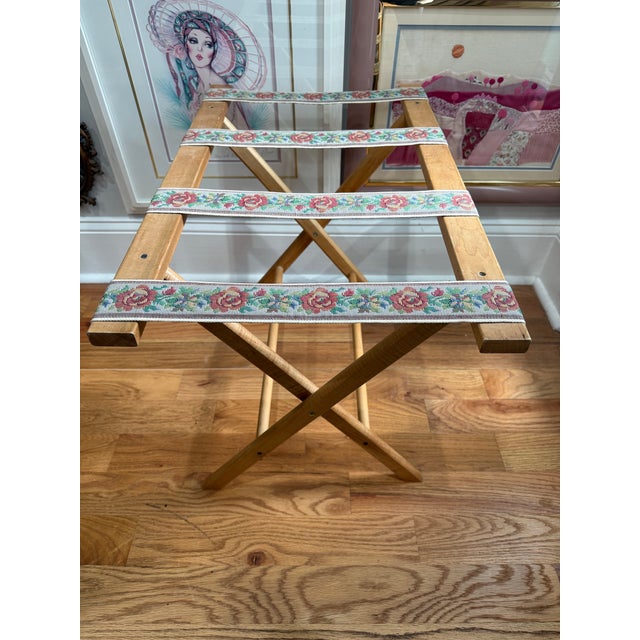 Vintage Folding Luggage Rack / Quilt Stand With Floral Needlepoint Straps For Sale In Atlanta - Image 6 of 8