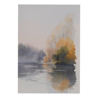 Jacques Noury, Reflections on the Edge of the Lake, Watercolor For Sale