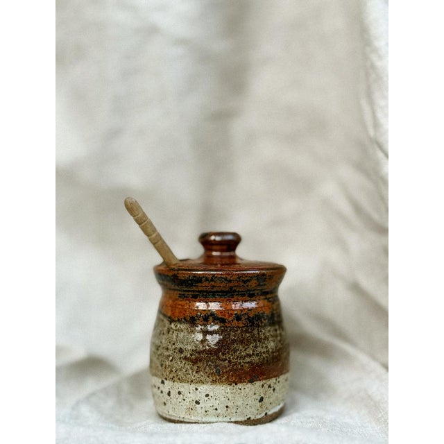 Beige Vintage Rustic Stoneware Honey Jar with Wooden Dipper, 1970 For Sale - Image 8 of 8