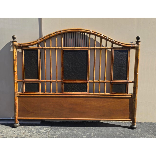 1990s Vintage Baker Furniture Bamboo Coastal King Bed Frame Headboard Black Lacquer For Sale - Image 5 of 17