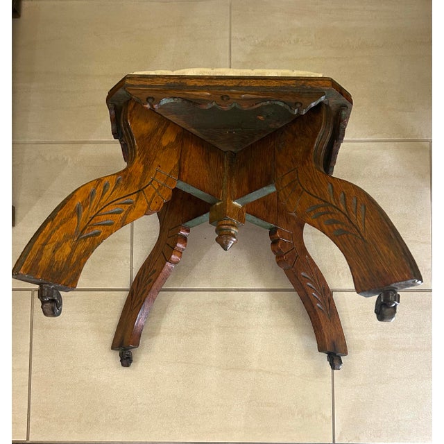 Antique, Oak With Spoon-Carvings, Victorian-Era or Eastlake Style Foot/Vanity Stool, Cabriole Legs, Centralized Drop-Pendant Under Seat, Circa 1890’s For Sale - Image 9 of 10