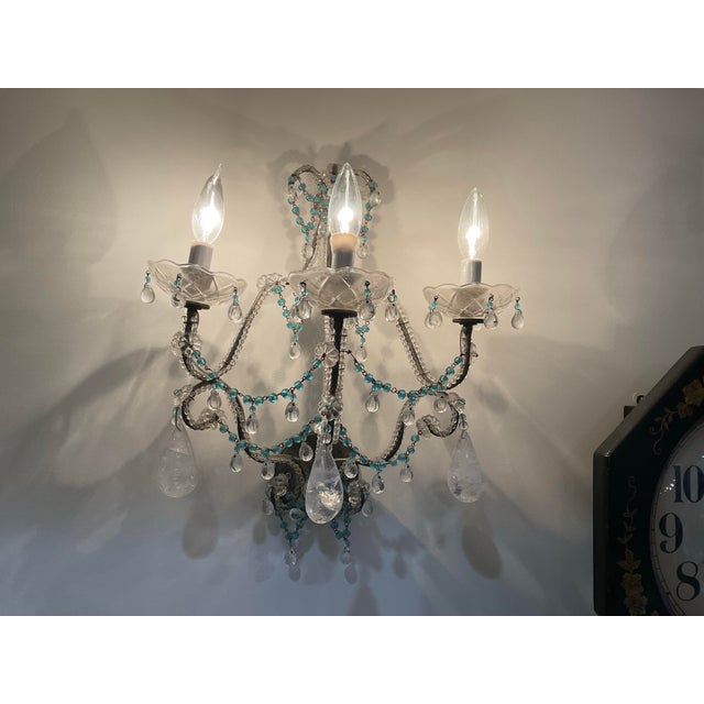 Hollywood Regency Pair of Crystal & Turquoise Beaded Three-Light Wall Sconces For Sale - Image 3 of 6
