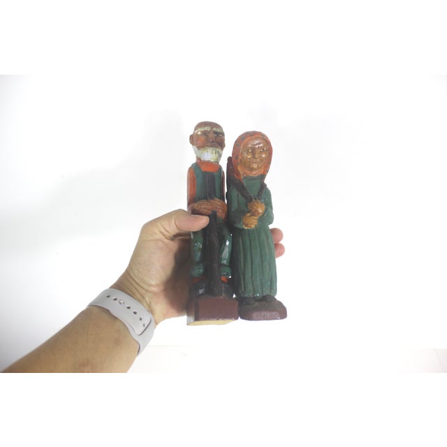 Green Vintage Hand Carved Painted Wood Man and Woman Folk Art Couple Figurines Carving, Shelf Decor For Sale - Image 8 of 12
