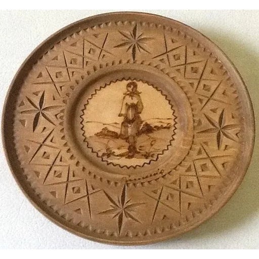 Wood 8" Burned & Carved Wood Decorative Plates - A Pair For Sale - Image 7 of 10