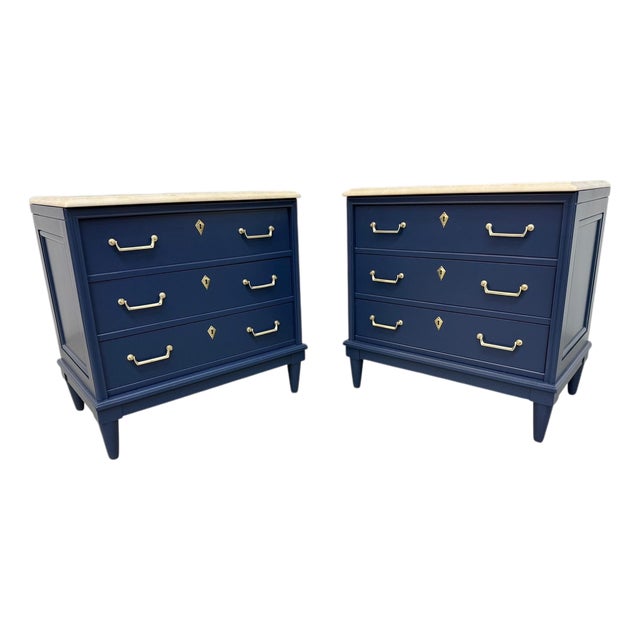 Vintage American of Martinsville Navy Blue Marble Top Nightstands - Set of 2 For Sale