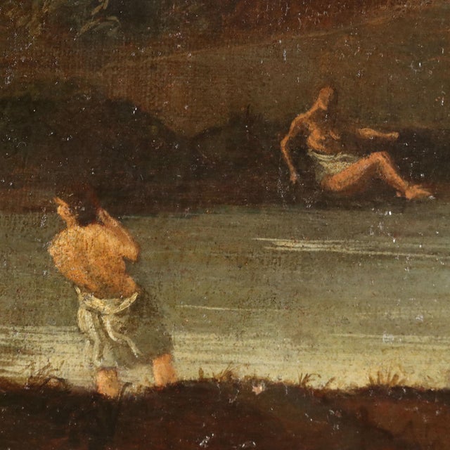 Italian School Artist, Landscape Painting with Buildings and Bathers, 18th Century, Oil Painting on Canvas, Framed For Sale - Image 5 of 13
