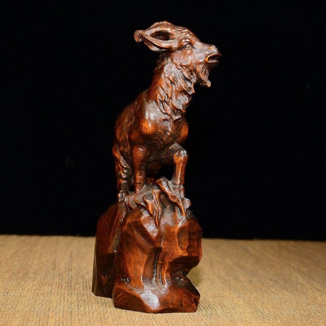 Chinese Chinese Hand-Carved Boxwood Goat Figurine, Auspicious Symbol For Sale - Image 3 of 10
