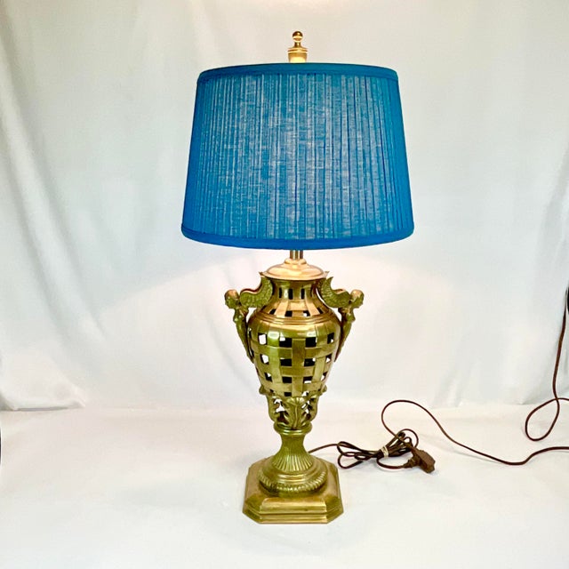 Metal Vintage Art Deco Hollywood Regency Mediterranean Winged Nike Greek Goddess Brass Table Lamp, New Pleated Shade For Sale - Image 7 of 14