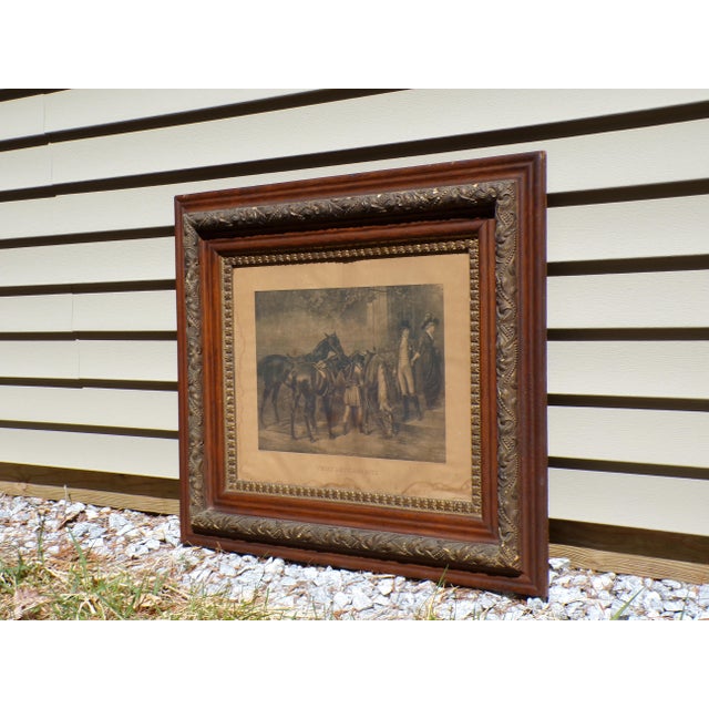 Victorian Antique Equestrian Horse Lithograph Print Oak Wood Gilt Gesso Double Frame For Sale - Image 3 of 13