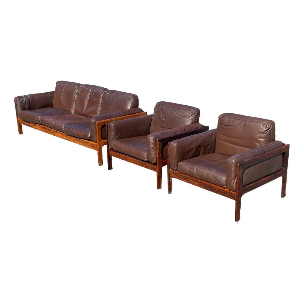 Mid-Century Modern Danish Living Room Set in Rosewood and Leather by Arne Wahl Iversen, 1970s, Set of 3