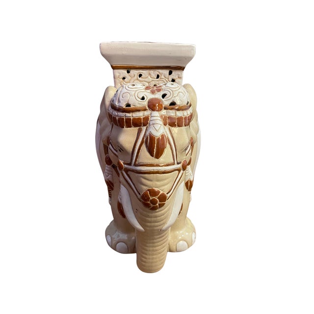 Vintage Beige Ceramic Elephant Garden Stool For Sale - Image 4 of 5