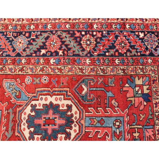 Antique Heriz Rug With Red Field, Geometric Tribal Motifs and Navy Blue Border 9'2 X 11'10 For Sale - Image 13 of 17