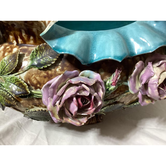 Antique French Barbotine Majolica Rose Basket Centerpiece Planter For Sale - Image 12 of 12