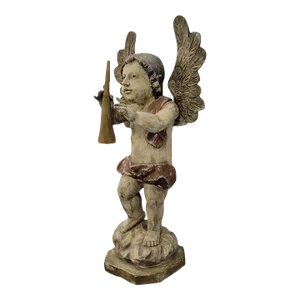 Vintage Filipino Folk Art Carved Wood Painted Cherub, Putti, Angel Statue