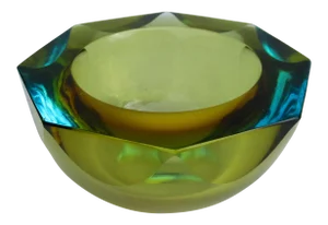 Vintage C1970's Italian Hand-Blown, Flavio Poli Chartreuse & Aqua Murano Decorative Faceted Bowl