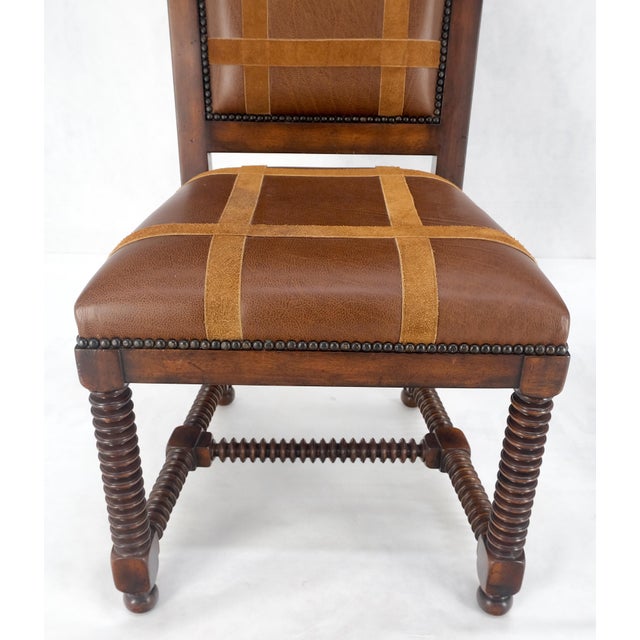 Pair of Turned Legs & Stretchers Large Leather Upholstery Side Chairs MINT!