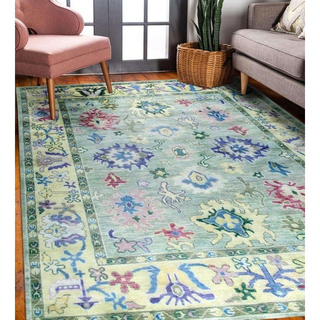 Textile 8x10 Green Hand-Knotted Wool Pastel Floral Field Classic Traditional Carpet Rug For Sale - Image 7 of 7