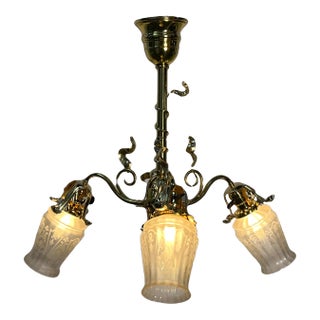 Restored Art Nouveau Three Light With Etched Shades, Ca. 1900 #2507 For Sale